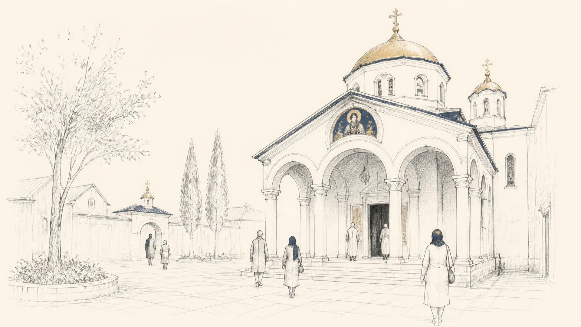 Ilustrație în stil schiță: pridvorul unei biserici și siluete de credincioși