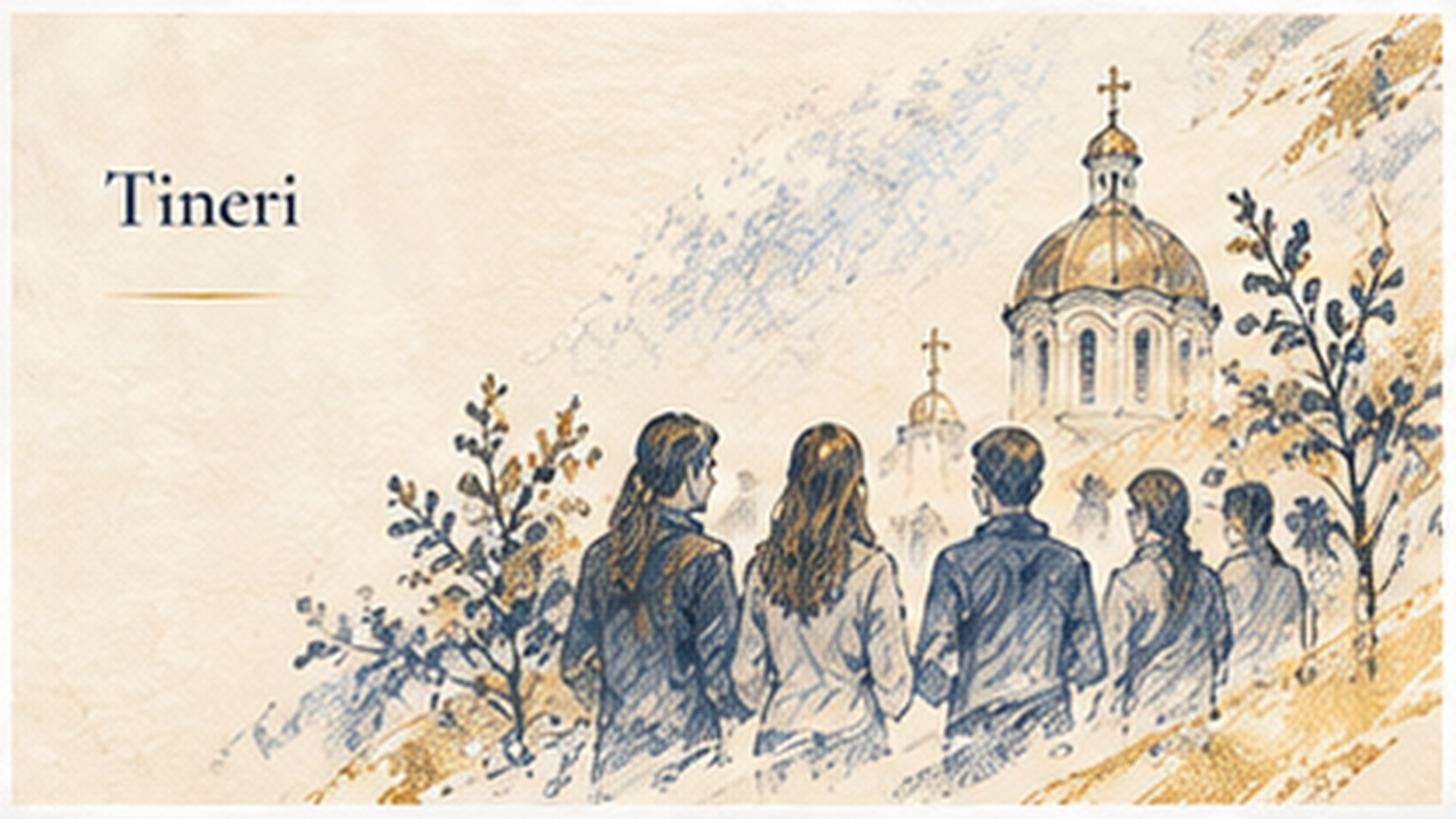Ilustrație în stil schiță: grup de tineri lângă o biserică ortodoxă